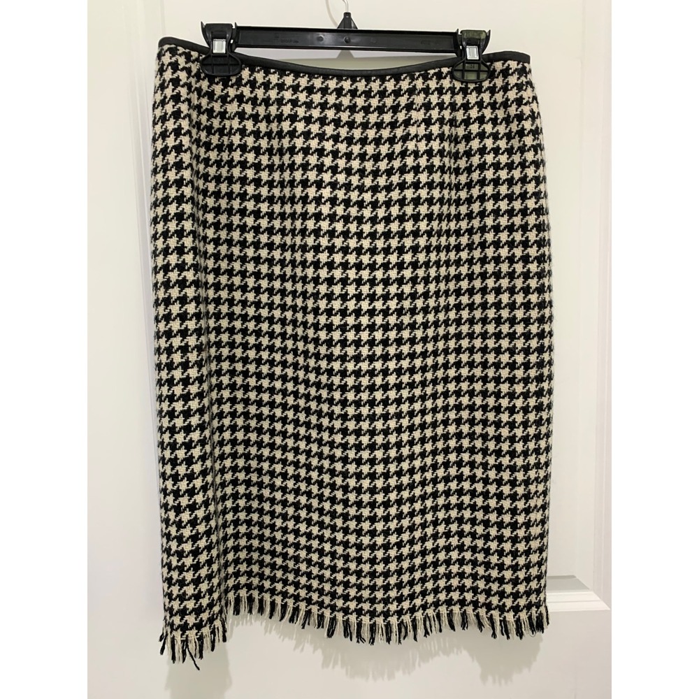Kasper & Company ASL Houndstooth Wool Blend Fringe Pencil Skirt Black Cream 12